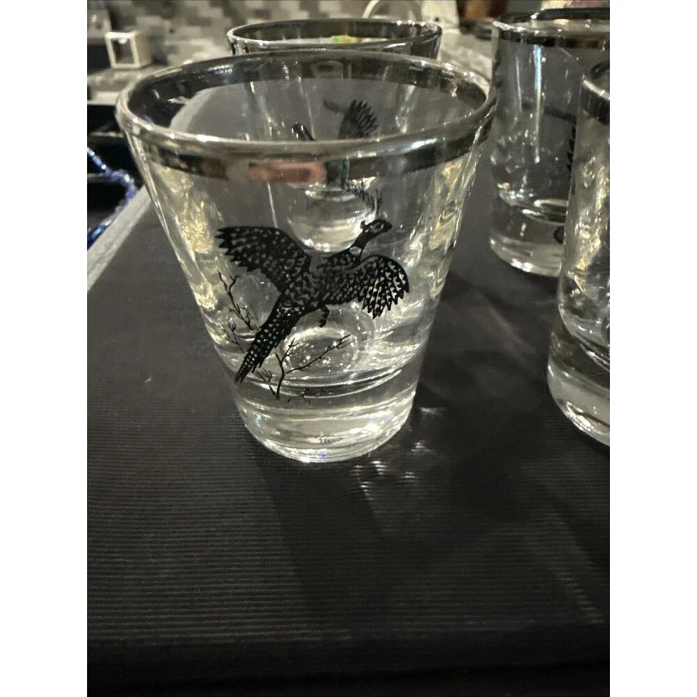 VTG Federal Glass Set 4 Goose, Pheasant, Grouse, Canvasback Clear/Black/Silver